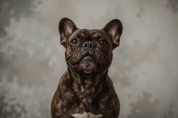 Close-up of a young brindle French bulldog puppy sitting indoors, showcasing its happy expression and unique coat colors