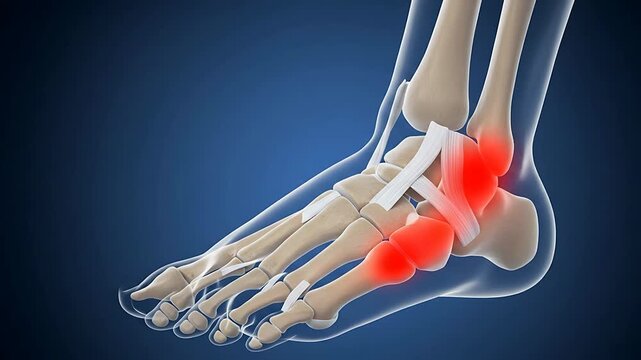 Animated video illustrating gout inflammation in foot anatomy with transparent bones showcasing