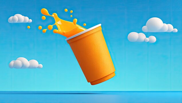 Orange juice splashing from a disposable cup against a cartoon sky