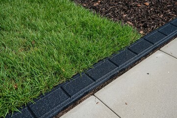 Installation of black plastic garden edging creating a distinct boundary between lawn and flowerbeds to prevent grass encroachment into mulched areas