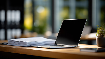 Financial analysis and auditing scene with experienced businesswoman checking paperwork, contracts, and tax reports in professional office environment, laptop with data sheets and calculator enhancing