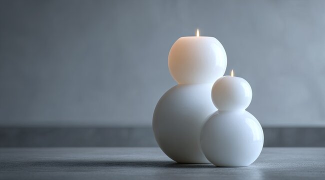 Two round, white candlesticks, one larger than the other, sit on a gray floor against a muted gray wall.  A warm flame flickers from the top of each candle