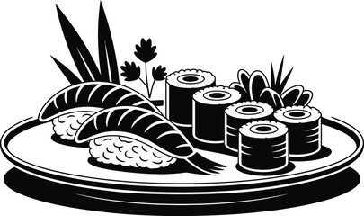 Black and white illustration of a sushi platter with shrimp nigiri and maki rolls © NASRIN