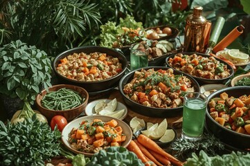 Fototapeta premium A lively celebration featuring a diverse selection of colorful, nutritious dishes set against a natural backdrop.