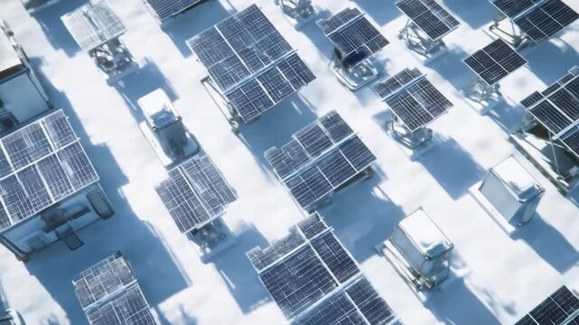An aerial view of numerous solar panels arranged in a grid pattern across a light-colored surface.