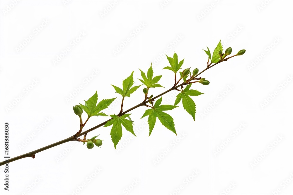 Poster common maple tree branches with leaves and buds on a white backdrop
