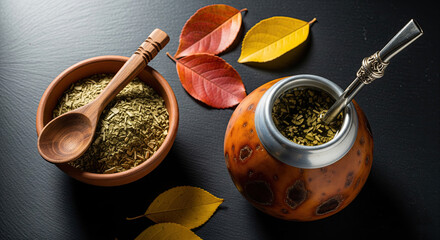 Yerba Mate Tea with Traditional Gourd and Wooden Spoon on Dark Background