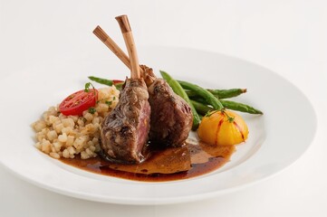 Lamb rack meal served with smashed roasted potatoes, vine tomatoes, tender green beans, and a balsamic sauce.