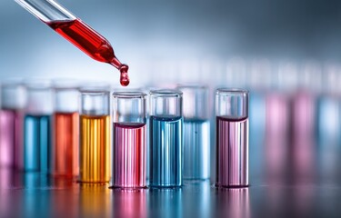 Pipette dropping red liquid into colorful test tubes