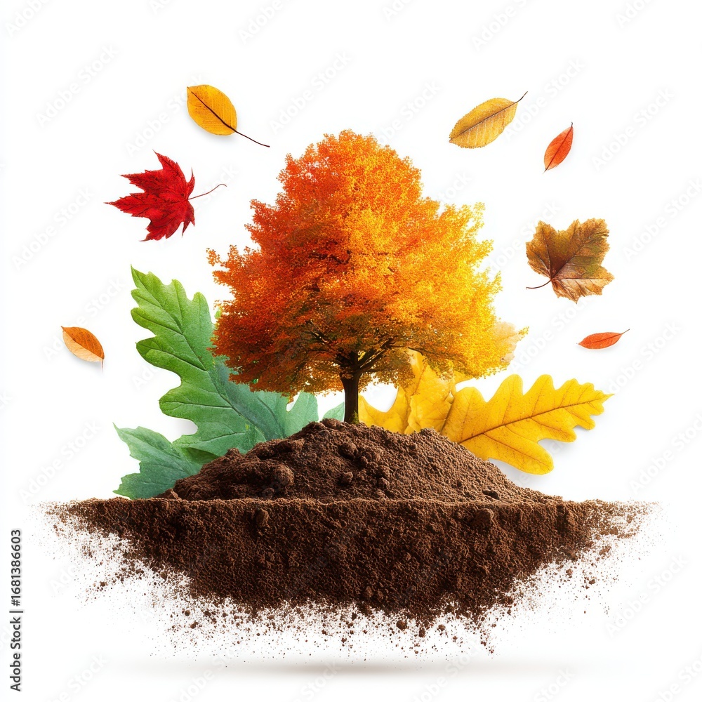 Poster autumn tree growing from soil with colorful falling leaves studio shot isolated on white background 