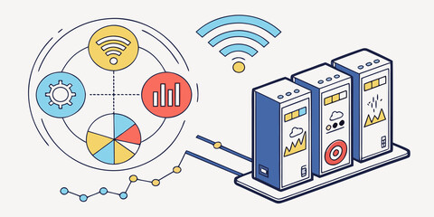 Data analysis and network infrastructure illustration showcasing information flow and server technology