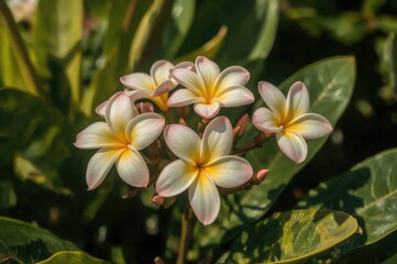 Fototapeta premium Bright day photograph of red Plumeria flowers with lush green foliage