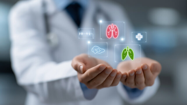 Modern medical concept of organ transplantation showing glowing holographic liver, kidney, lung, eye, and heart in doctor&rsquo;s protected hands with futuristic healthcare digital overlays