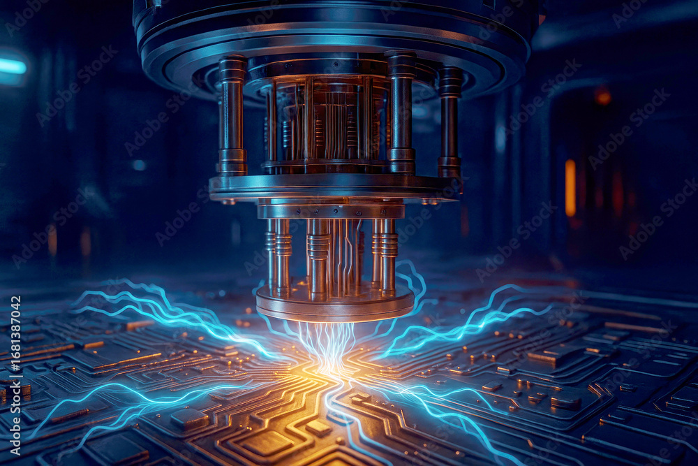 Aufkleber advanced quantum computing hardware with electrical arcs and circuitry technology science