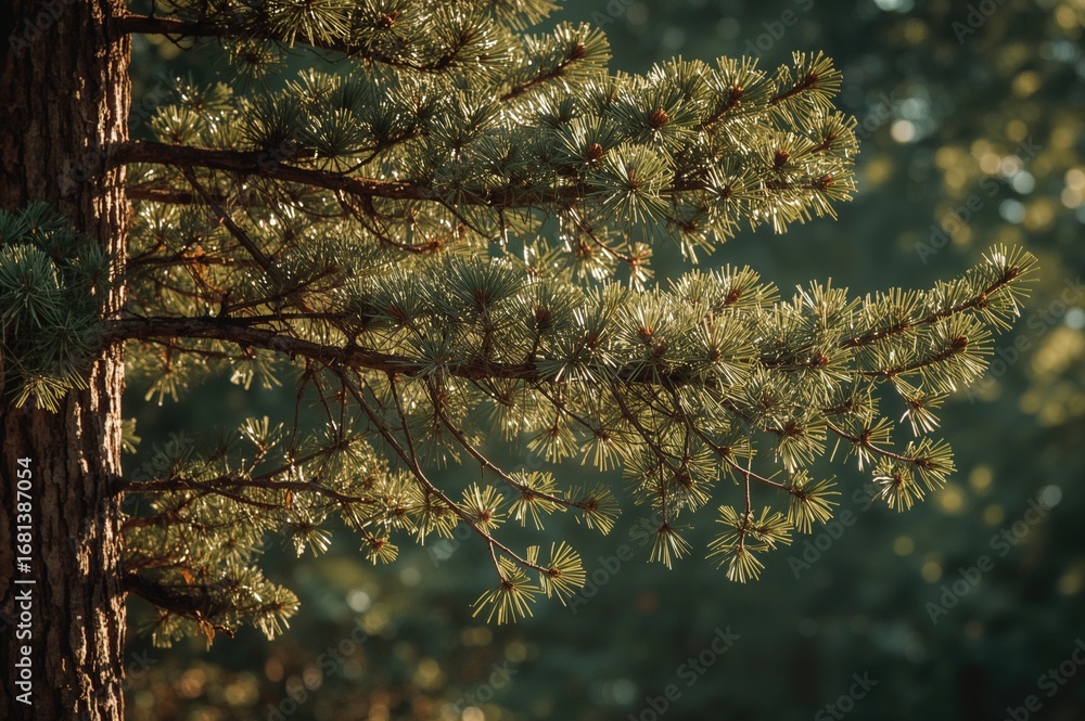 Poster sunbeams filtering through evergreen branches