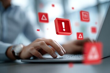 Close-up of hands typing on laptop with red error icons