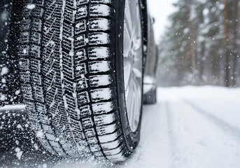 Winter tire gripping snowy road with light snowfall, ensuring safe travel through frozen landscapes.