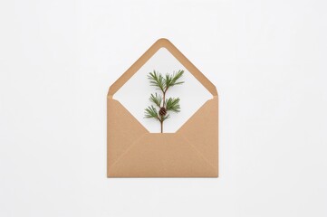 Unfolding a handmade envelope featuring a heart against a white backdrop. Festive card adorned with pine branch and cone. Aerial perspective with blank area.