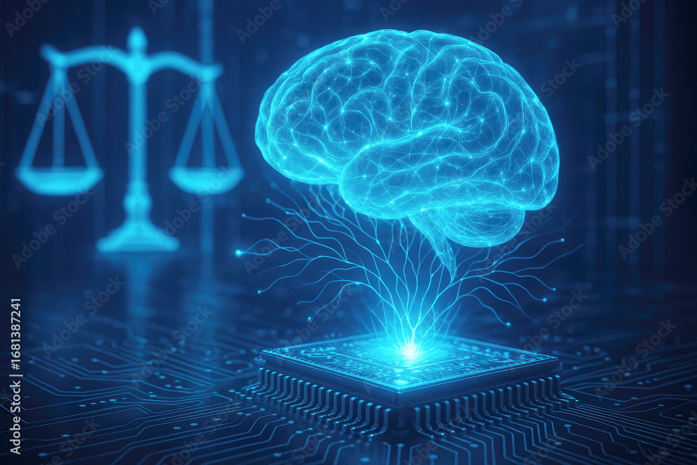 Poster ai brain hologram and scales of justice on circuit board artificial intelligence microchip