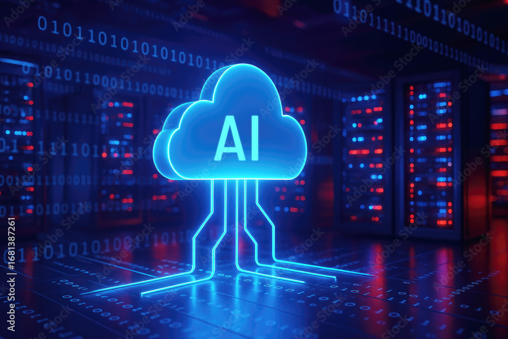 Poster ai cloud symbol connected to servers with binary code and red blue lights artificial intelligence cl