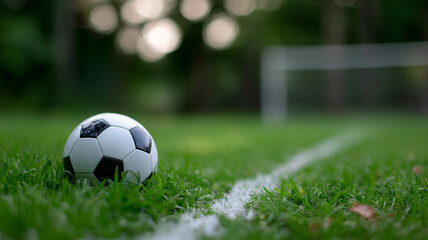 Fototapeta premium Shallow depth of field soccer field photography with sharp white line on lush green grass and blurred goalpost net in background creating anticipation before the match