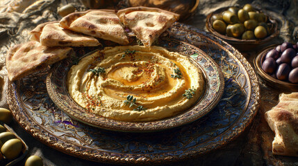 Traditional hummus served on ornate plate with pita bread and olives