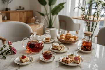 Fototapeta premium Leisurely sipping black tea in a cozy cafe setting with glassware
