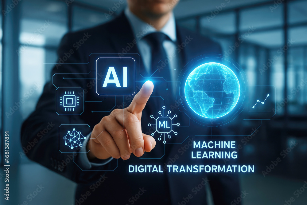 Poster businessman touching a holographic globe with ai and machine learning icons artificial intelligence