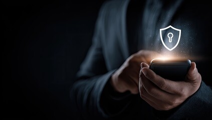 Person holding phone with security shield overlay