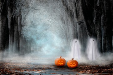 Spooky Halloween ghosts appear with glowing pumpkins on dark forest path with eerie mist, copy space.