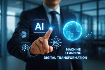 Businessman touching a holographic globe with AI and machine learning icons artificial intelligence