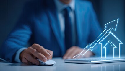 Businessman using tablet with upward trending house icons