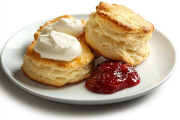 Scones with Cream and Jam on White Plate