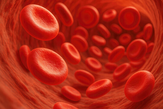 Close-up microscopic view of red blood cells flowing through a blood vessel erythrocytes circulation