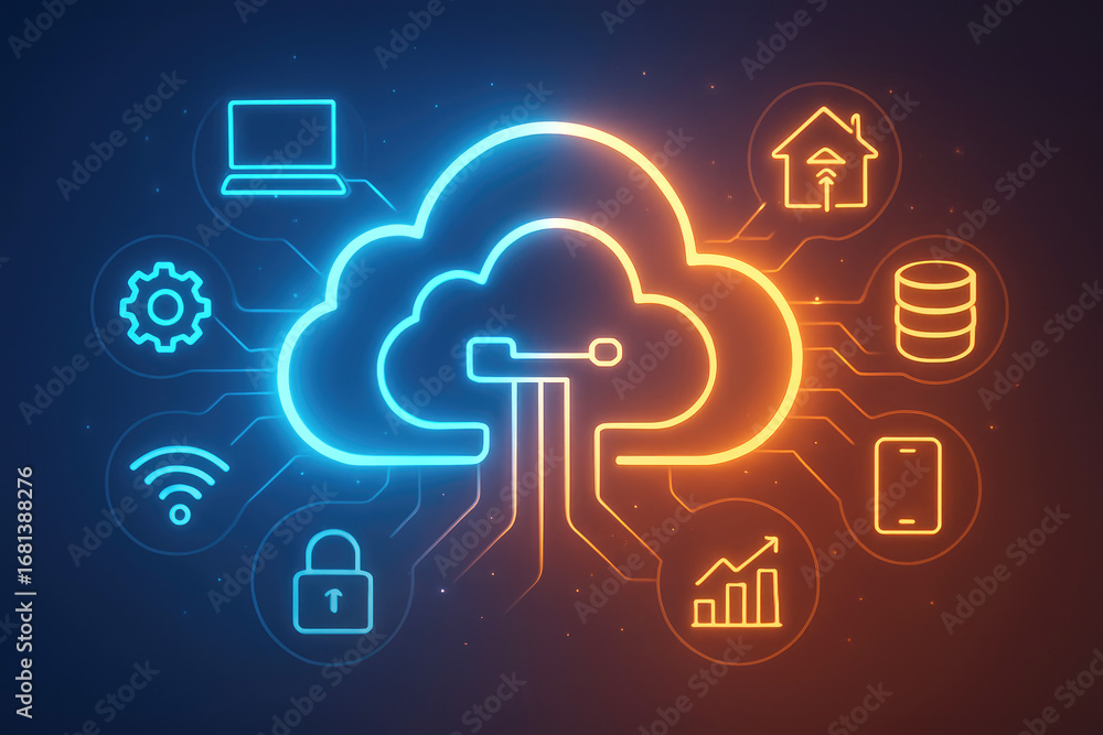 Poster cloud computing ecosystem with icons for internet of things and data management technology
