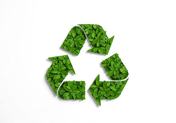 Green recycling symbol made of leaves isolated