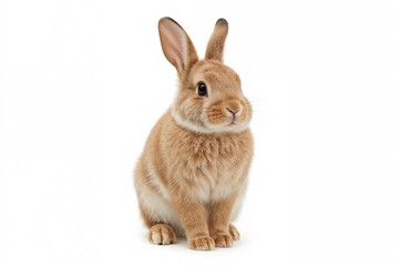Obraz premium Adorable fluffy brown bunny standing upright on a white backdrop, showcasing its bright eyes and natural charm.