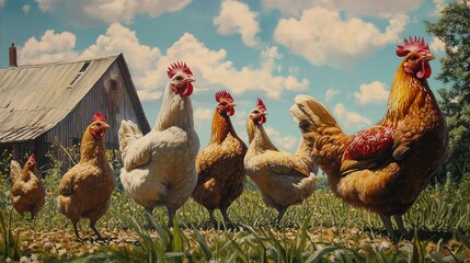 Free range chickens walking on rural farmyard with green grass and wooden fence