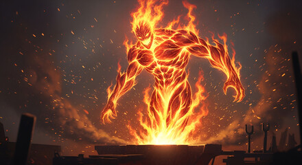 Fiery elemental rising from a forge, a stunning digital artwork with intense energy