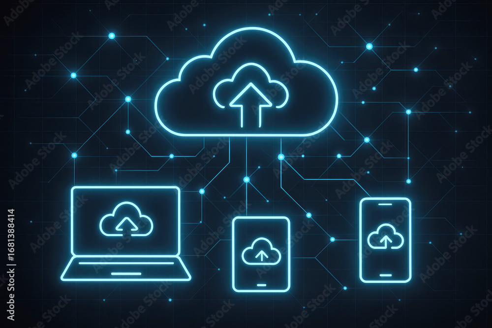 Poster connected devices showing cloud upload icons on a digital network background cloud computing data