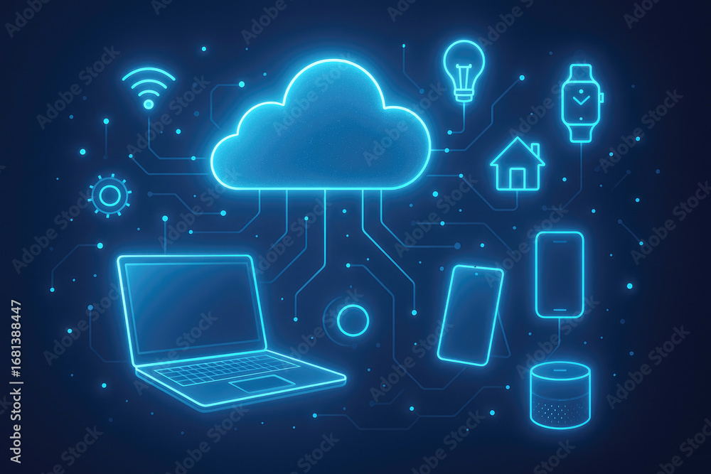 Poster connected smart devices and cloud computing network with neon glow smart home internet of things