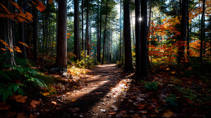 Obraz premium A peaceful walk through an autumn forest with sunligt filtering through branchs and colorful foliage on he ground.