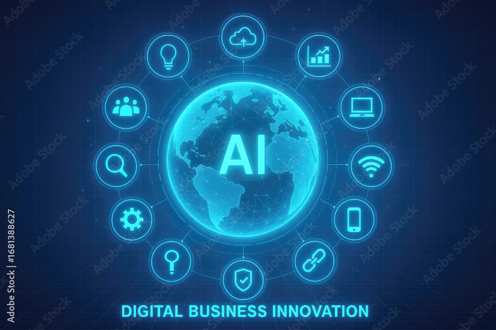 Poster digital business innovation with global ai network and icons artificial intelligence world