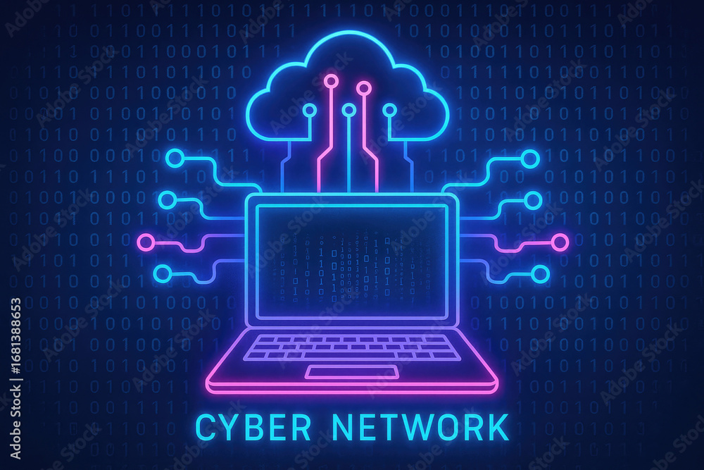 Poster cyber network concept with neon cloud and laptop connected by circuits technology connection
