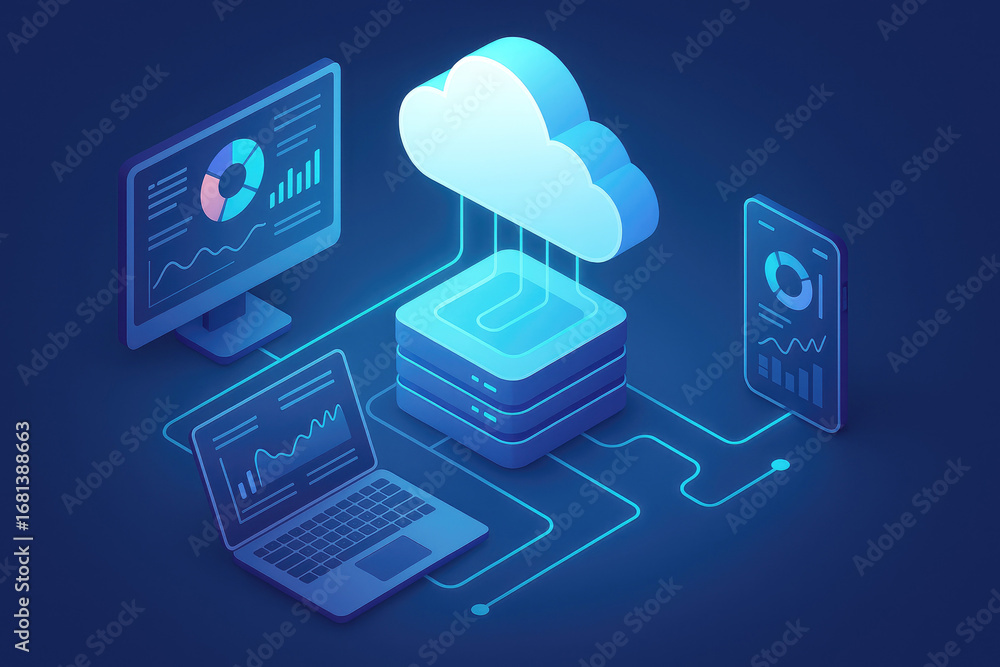 Poster digital cloud computing concept with desktop monitor laptop and smartphone connected to a central se