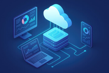 Digital cloud computing concept with desktop monitor laptop and smartphone connected to a central server