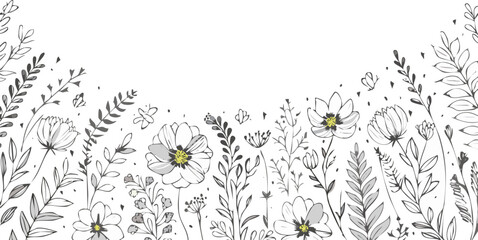 Fototapeta premium Delicate floral branches and butterflies in monochrome with yellow accents leaves