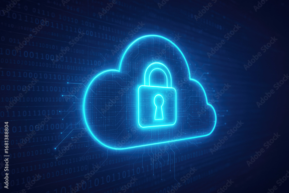 Poster digital cloud icon with padlock symbol illuminated against a dark background of binary code cloud co