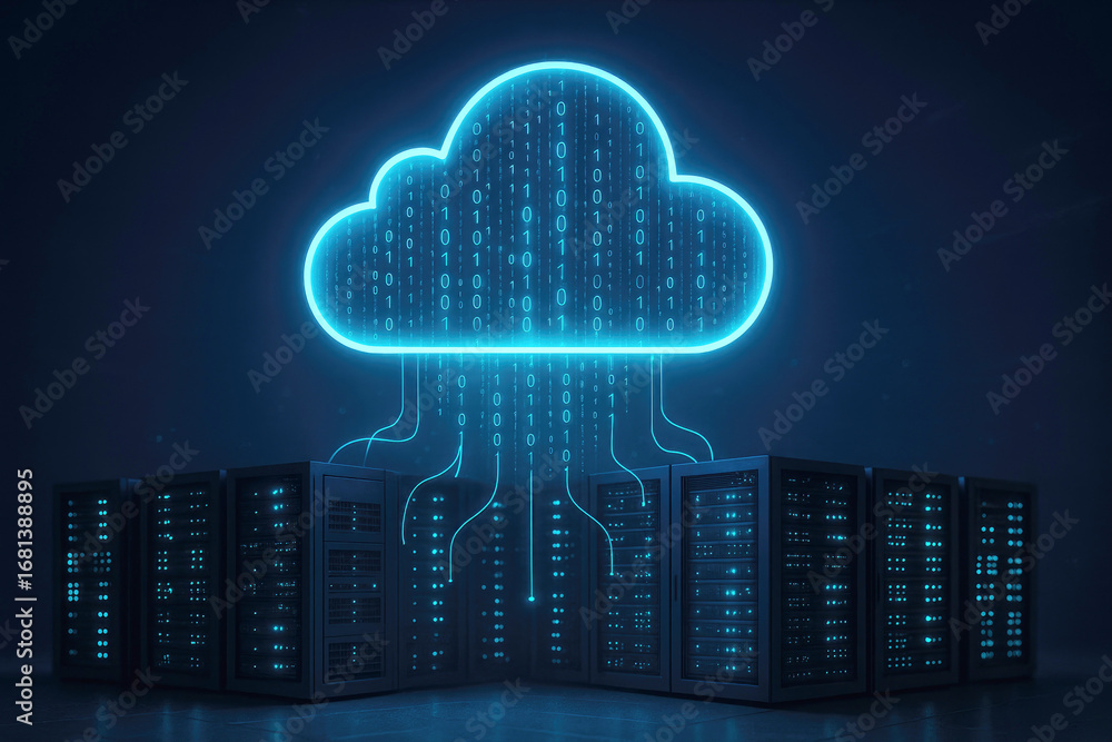 Poster digital cloud security concept with servers and flowing binary data cloud computing data center
