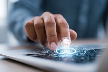 Close-up of a hand interacting with a glowing, digital tablet interface
